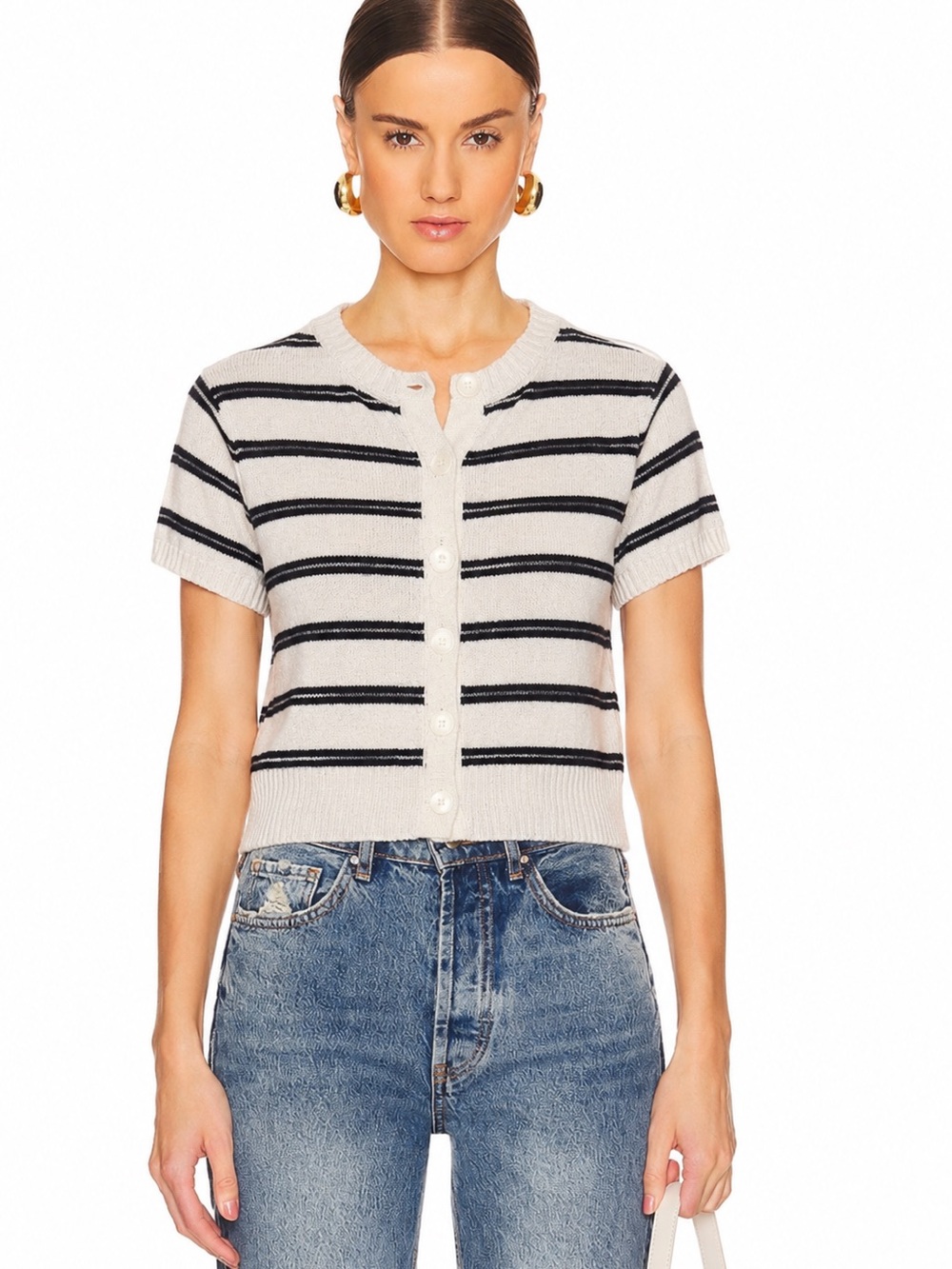 Song of Style Revolve Striped Short Sleeve Knit Cardigan Sweater Size M